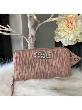 MIU MIU LOGO PEARL RHINESTONE MATELASSE LEATHER ZIPPY ZIP AROUND LONG WALLET